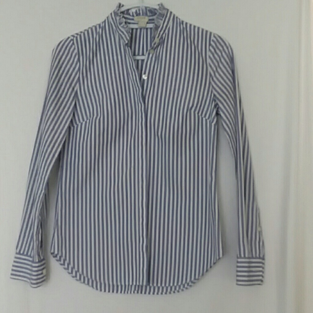 Blue/White Pinstriped JCrew Ruffled Button Down